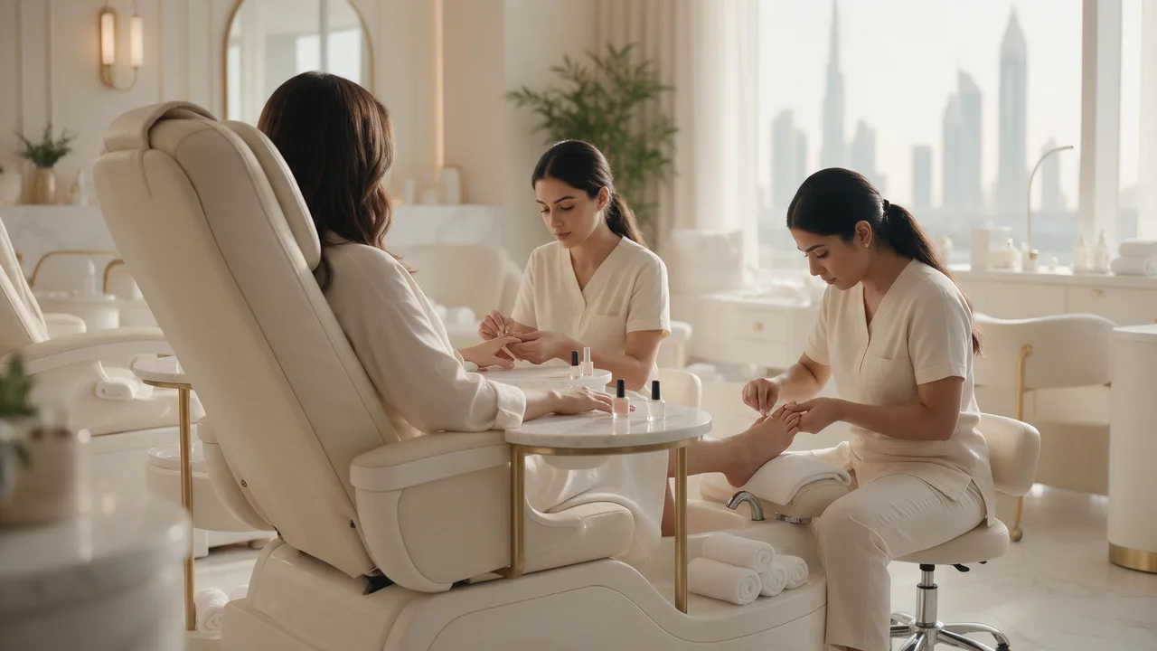 Manicure and pedicure done at the same time by two technicians at Urban Glam ladies salon in Dubai