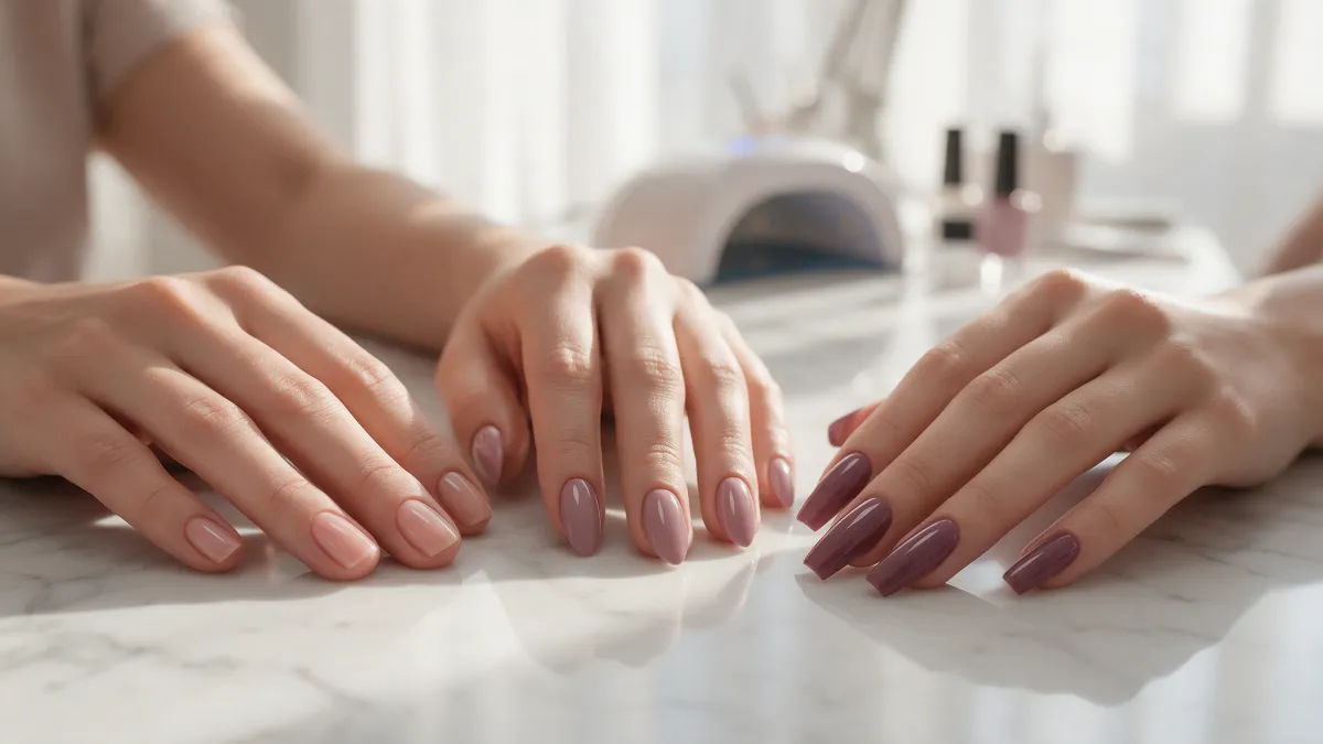 Gel, acrylic and extension nails side by side at Urban Glam nail salon in JVC